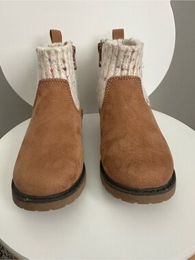 Cat & Jack Brown Suede-Look Kids Booties with Cream Knit Cuff